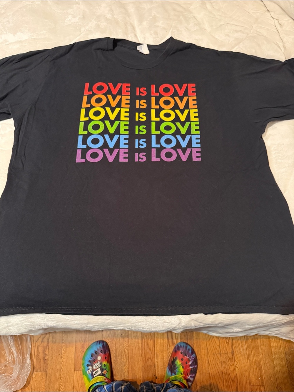 Black Short-Sleeve Tee with Rainbow "Love Is Love" Graphic